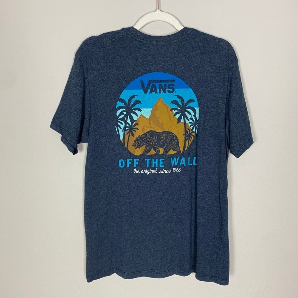 Vans Graphic T-Shirt Mens Large Blue California Bear Custom Fit Off the Wall